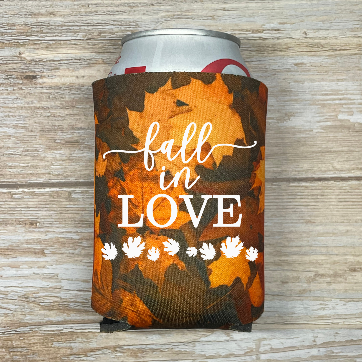 Custom Fall Leaves Pattern Wedding Can Coolers, Fall In Love Coolies