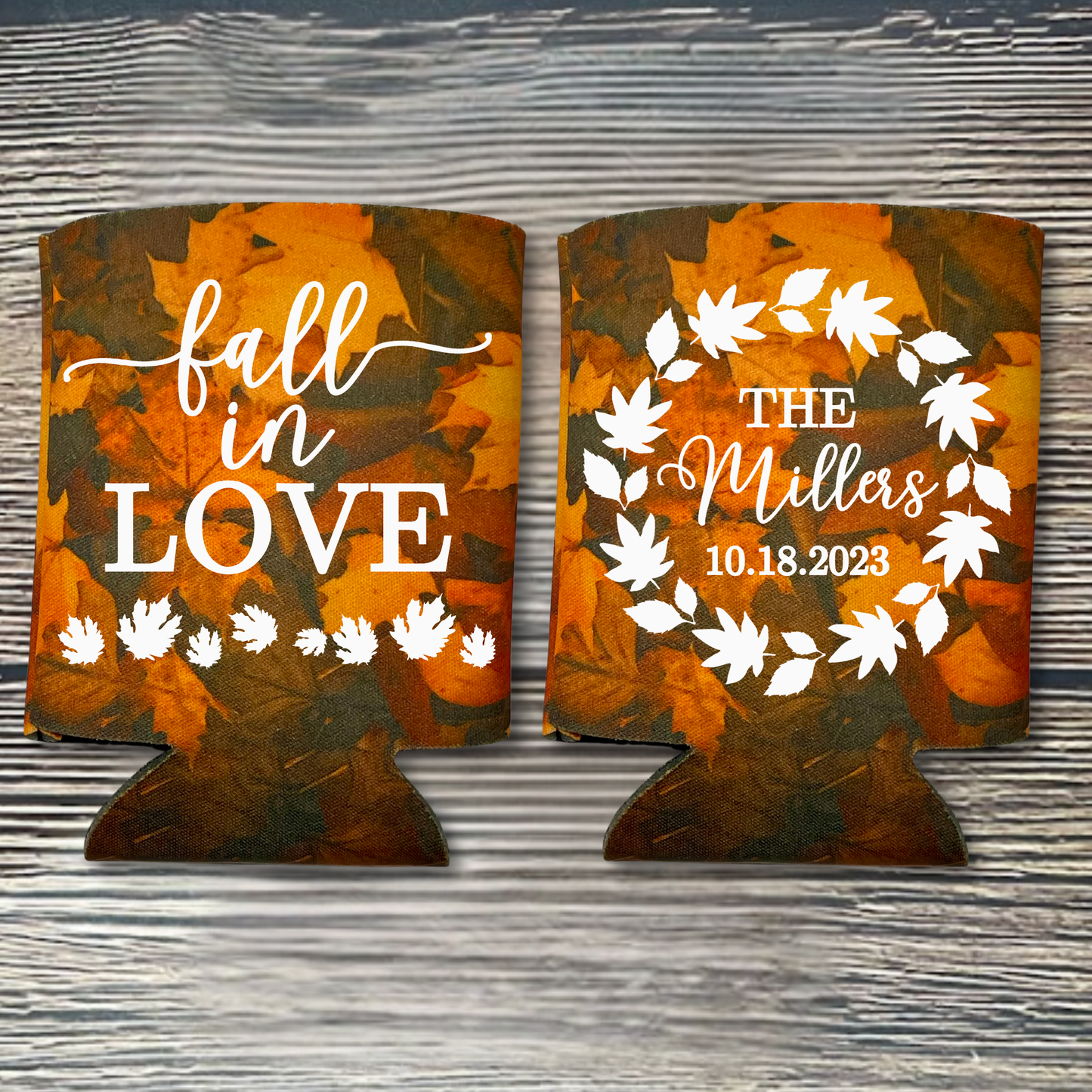 Custom Fall Leaves Pattern Wedding Can Coolers, Fall In Love Coolies