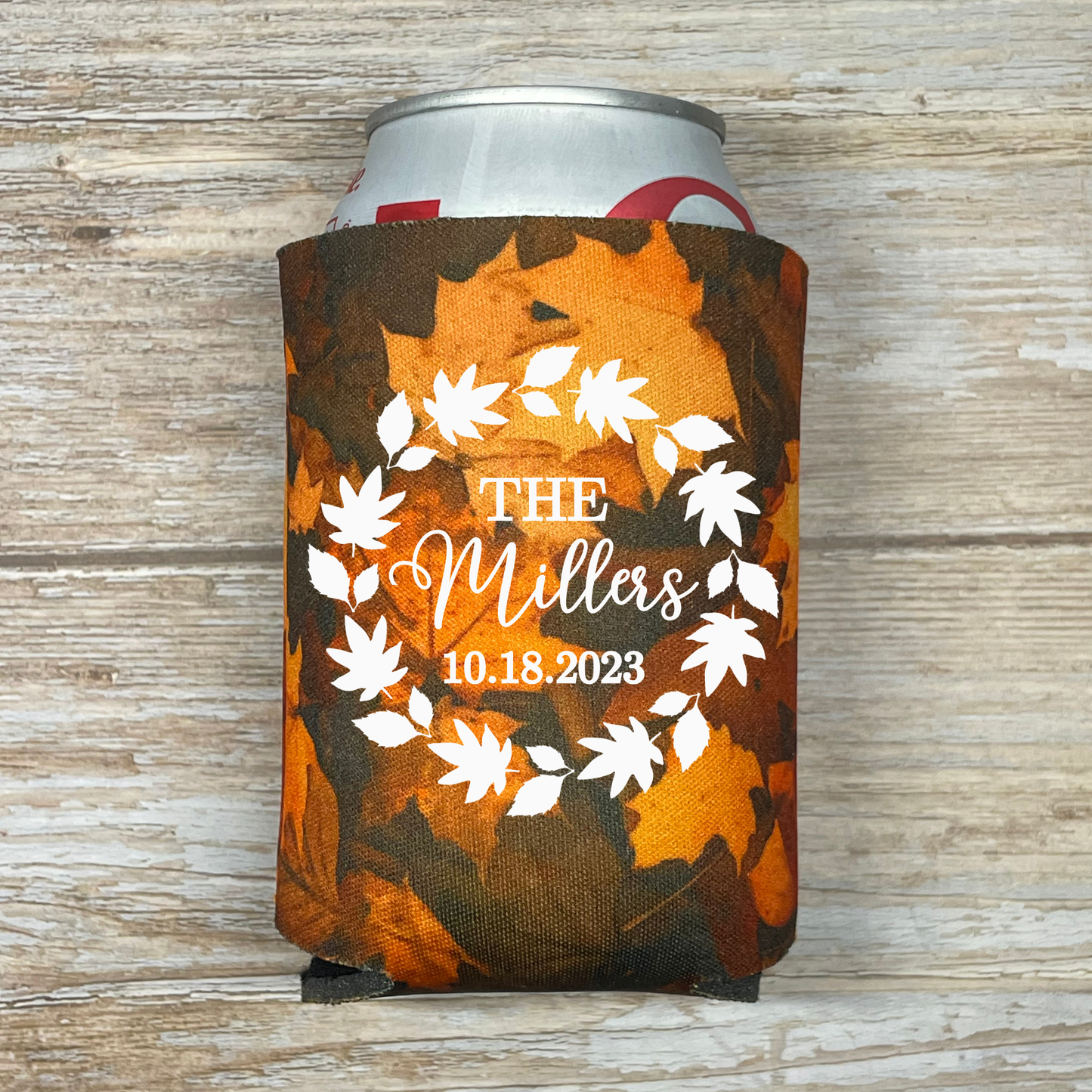 Custom Fall Leaves Pattern Wedding Can Coolers, Fall In Love Coolies