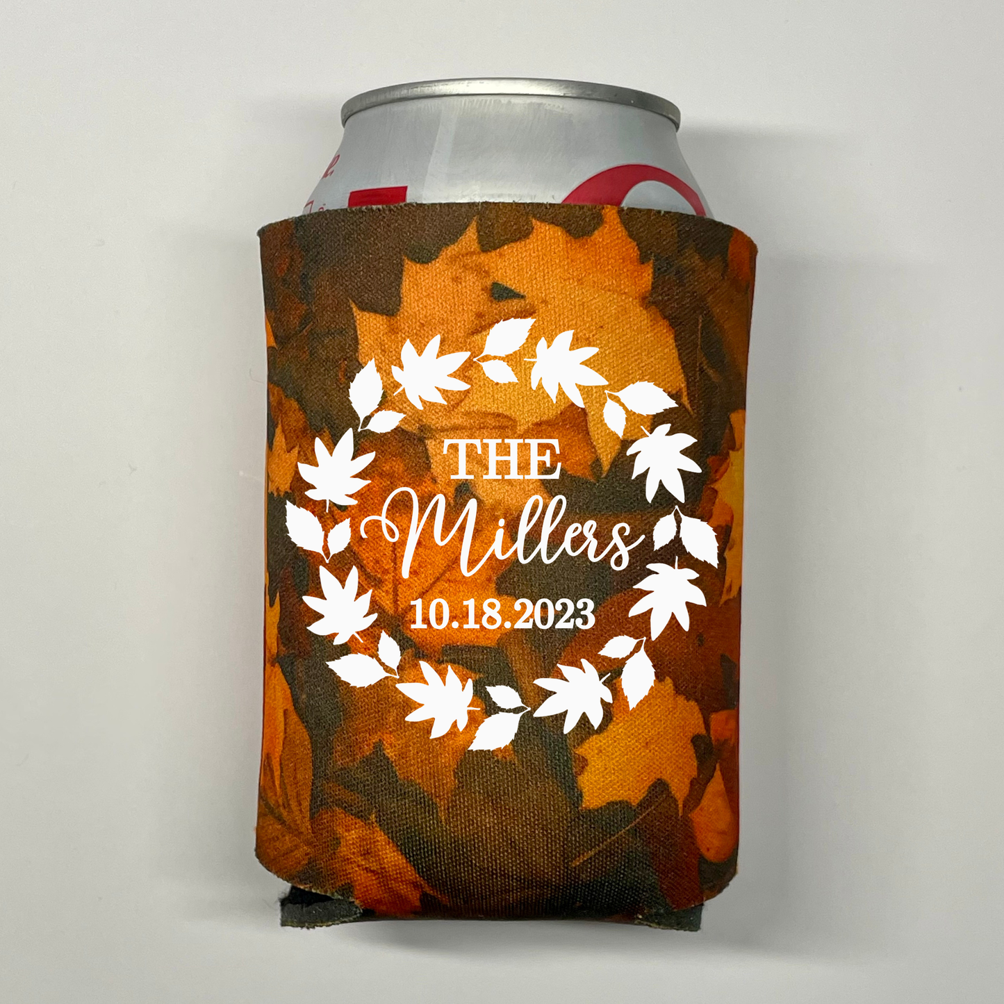 Custom Fall Leaves Pattern Wedding Can Coolers, Fall In Love Coolies