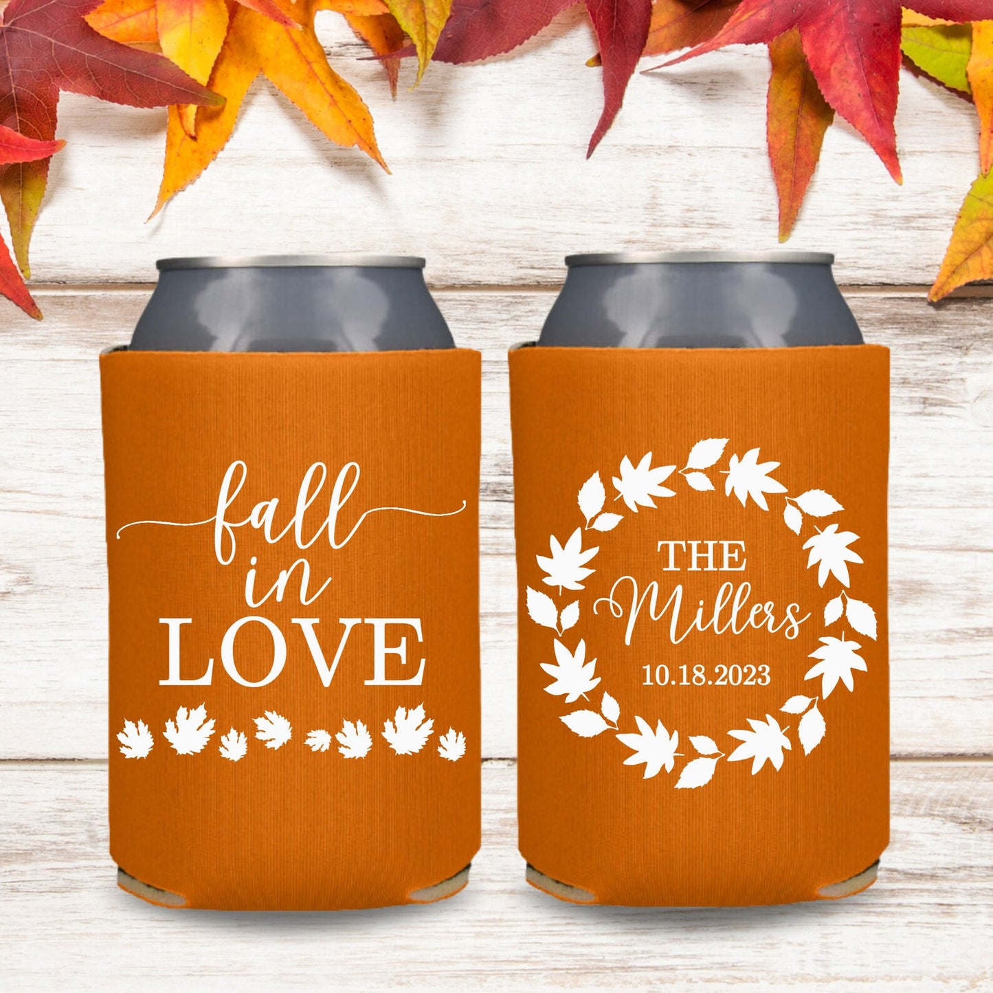 Custom Fall Wedding Can Coolers, Fall In Love Coolies