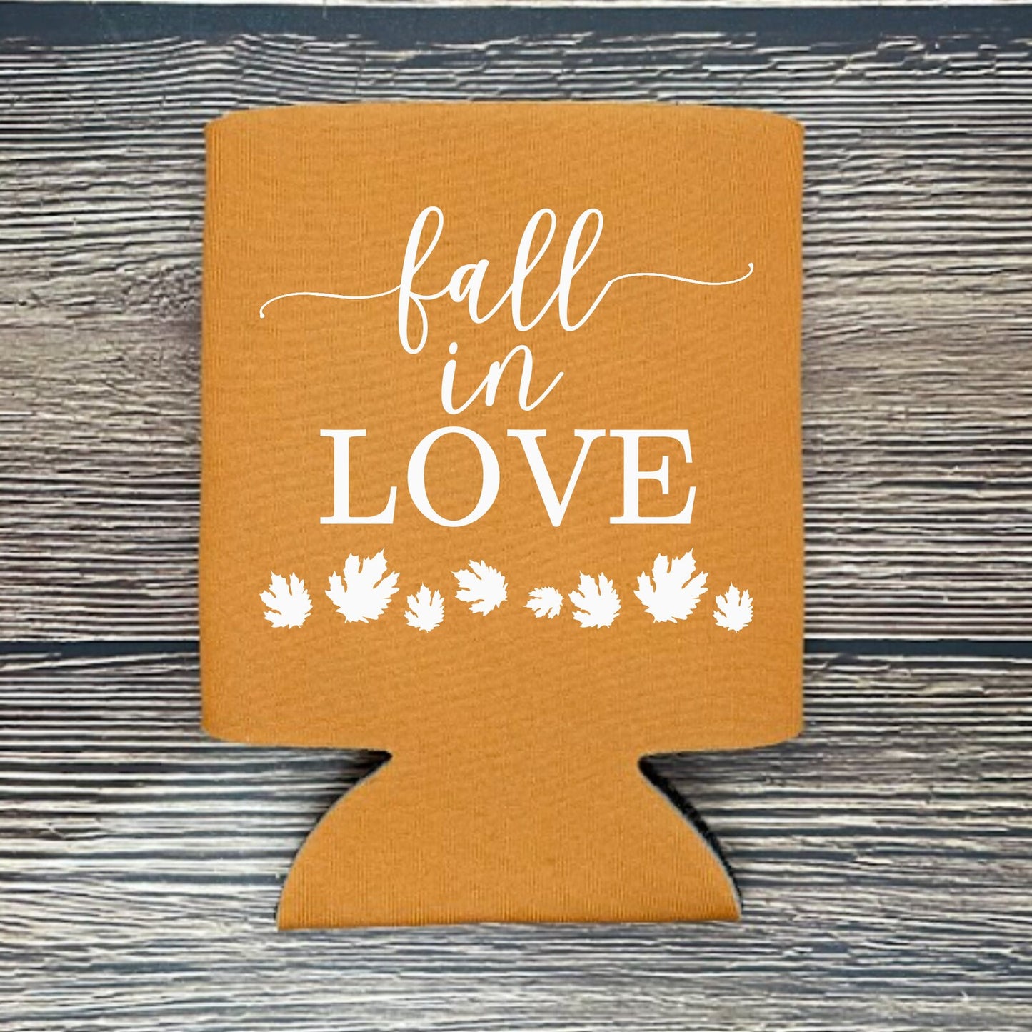 Custom Fall Wedding Can Coolers, Fall In Love Coolies