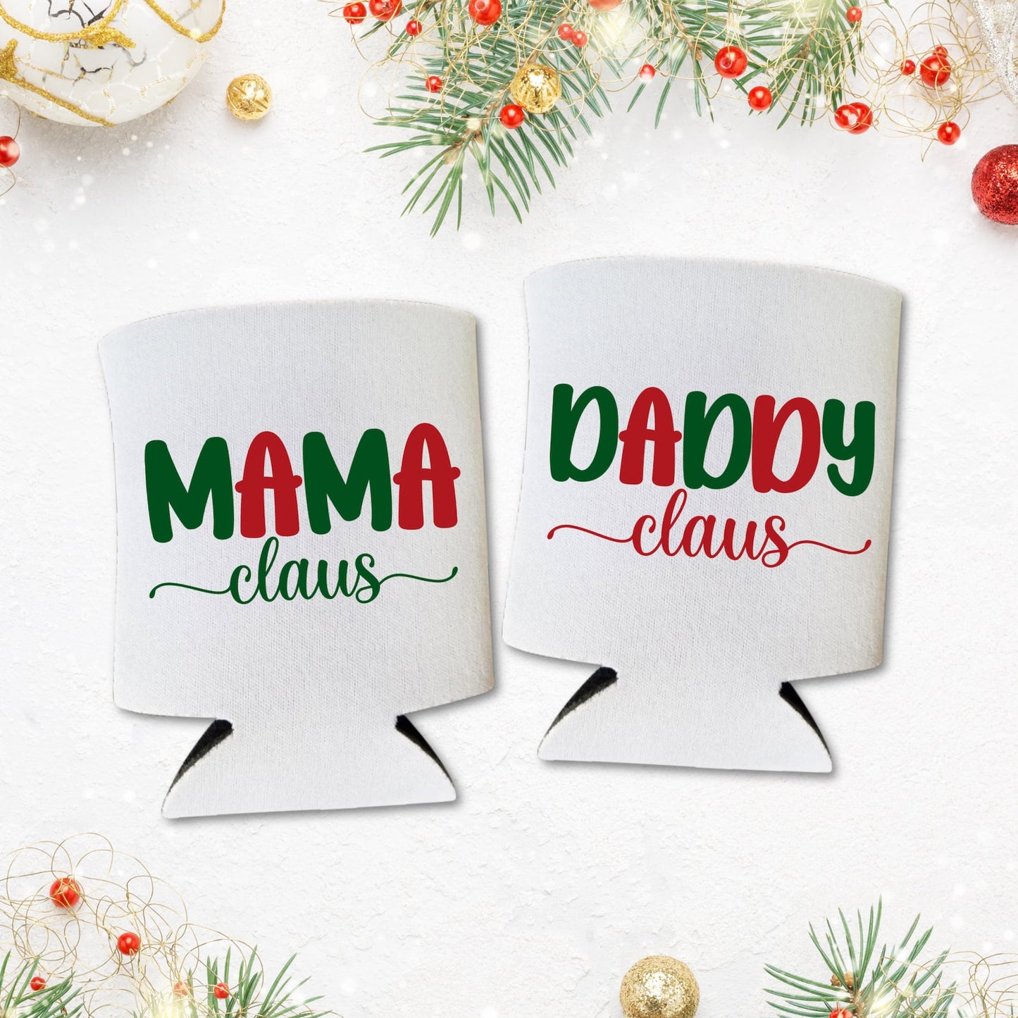 Christmas Can Coolers, Mama Claus, Daddy Claus, Beer Coolies