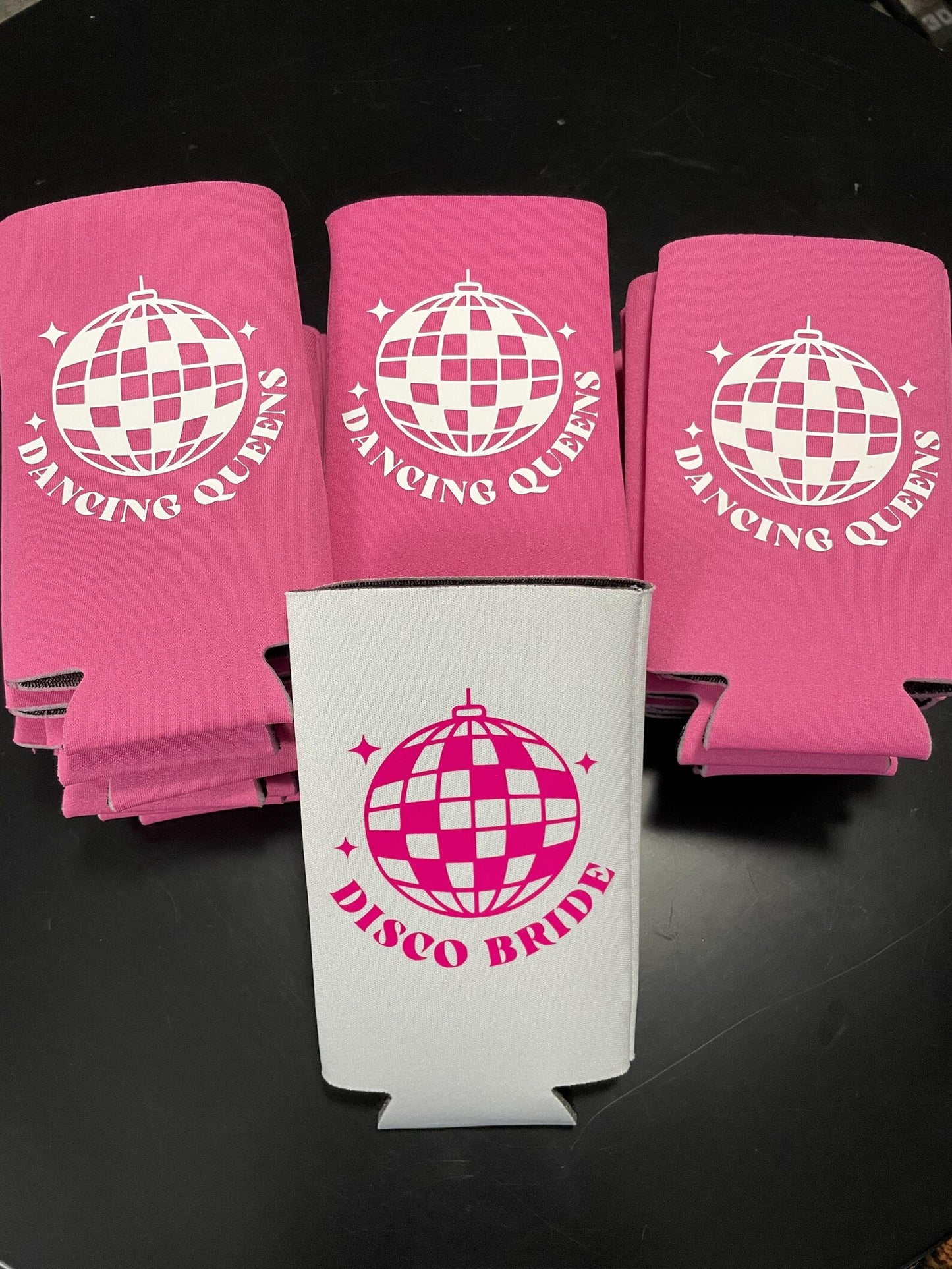 Custom Bachelorette Spiked Seltzer Coolers, Disco Bride and Dancing Queens Skinny Coolers