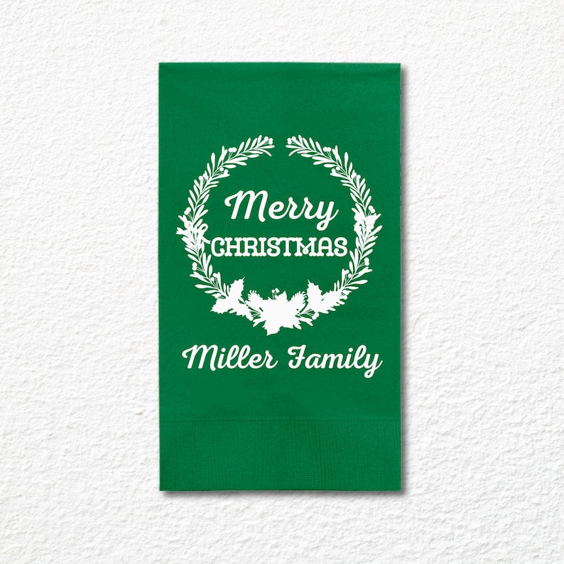 Custom Christmas Napkins, Merry Christmas Green and Red Paper Dinner Napkins