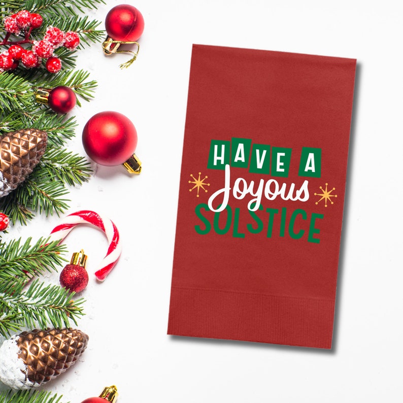 Custom Christmas Napkins, Have A Joyous Solstice Green, Red, White Paper Dinner Napkins