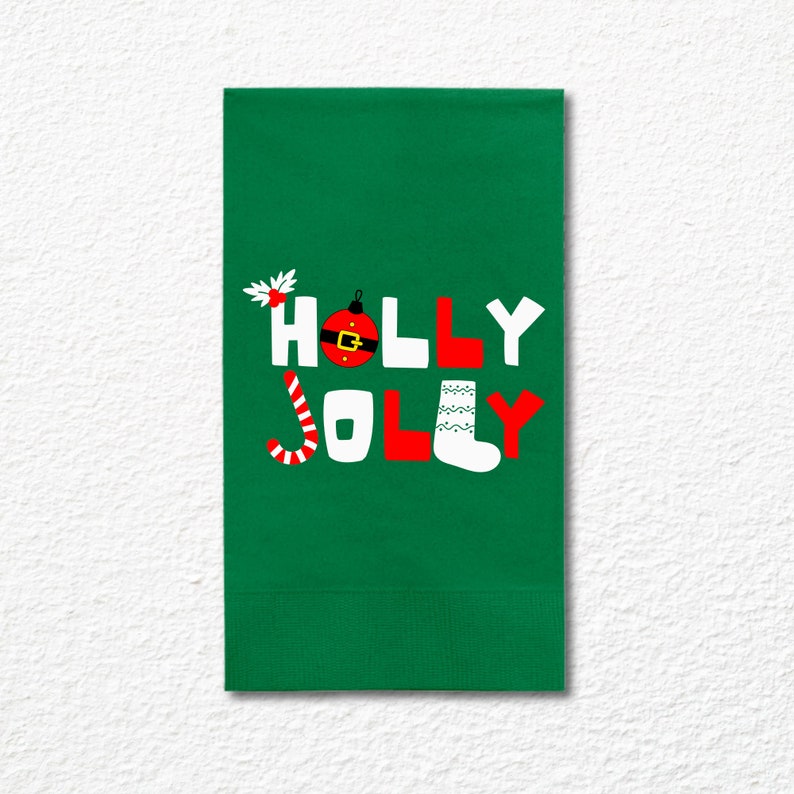 Custom Christmas Napkins, Holly Jolly Green, Red, Green & White Paper Dinner Napkin
