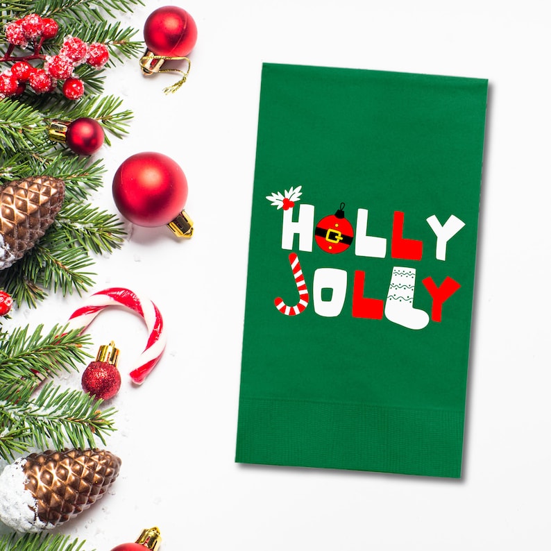 Custom Christmas Napkins, Holly Jolly Green, Red, Green & White Paper Dinner Napkin