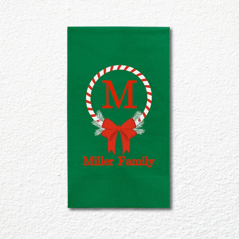Custom Christmas Napkins, Monogram Christmas Green, Red, White Paper Dinner Napkin