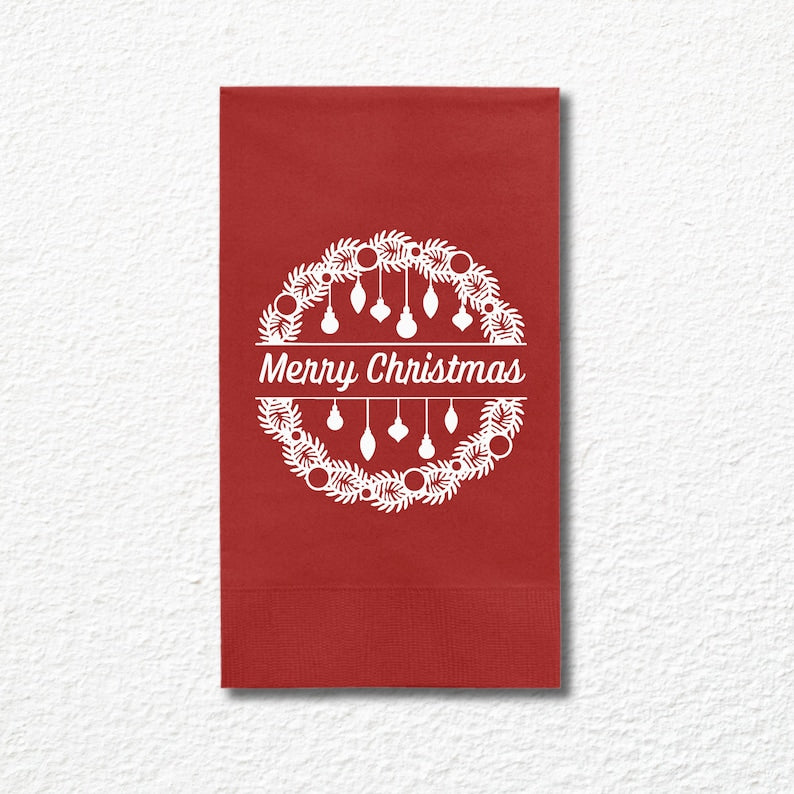 Christmas Napkins, Merry Christmas Lantern Green, Red and White Paper Dinner Napkins