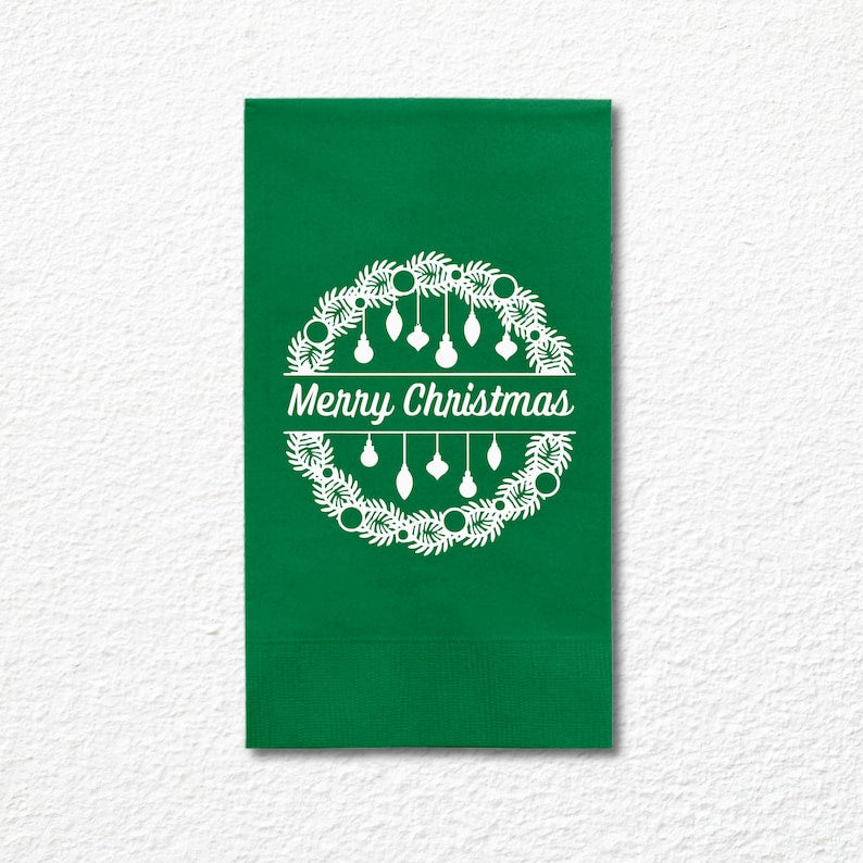 Christmas Napkins, Merry Christmas Lantern Green, Red and White Paper Dinner Napkins