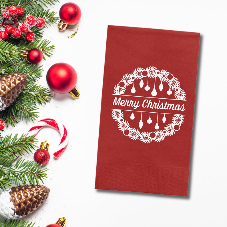 Christmas Napkins, Merry Christmas Lantern Green, Red and White Paper Dinner Napkins
