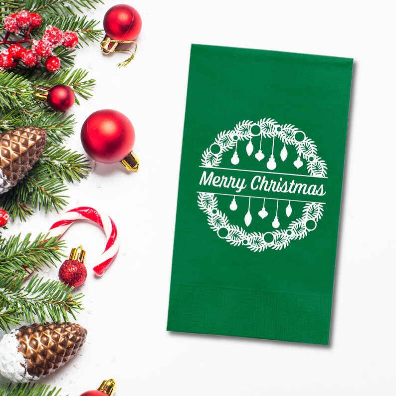 Christmas Napkins, Merry Christmas Lantern Green, Red and White Paper Dinner Napkins
