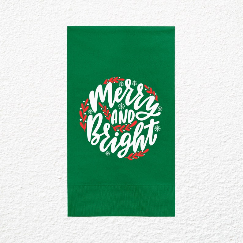 Custom Christmas Napkins, Merry And Bright, Green and Red Paper Dinner Napkins