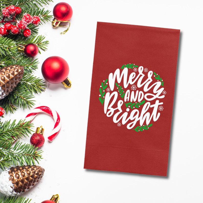 Custom Christmas Napkins, Merry And Bright, Green and Red Paper Dinner Napkins
