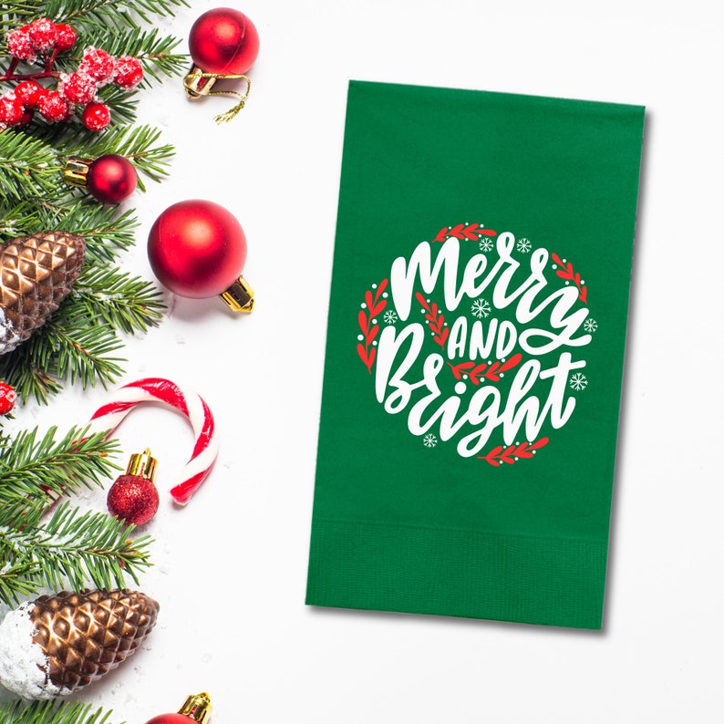 Custom Christmas Napkins, Merry And Bright, Green and Red Paper Dinner Napkins