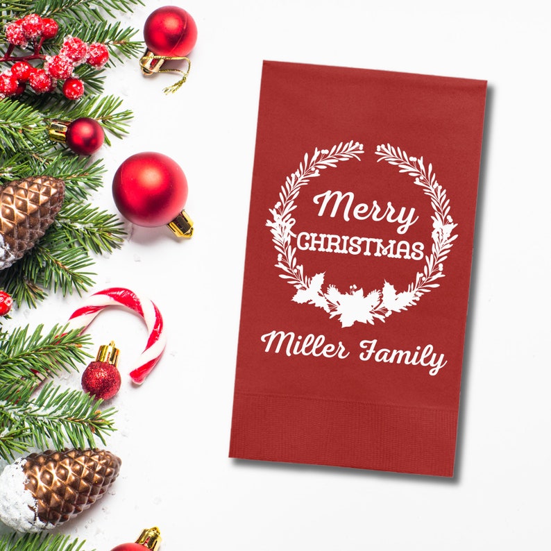 Custom Christmas Napkins, Merry Christmas Green and Red Paper Dinner Napkins