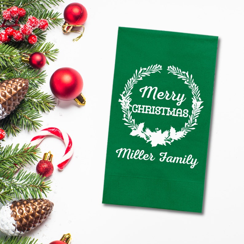 Custom Christmas Napkins, Merry Christmas Green and Red Paper Dinner Napkins