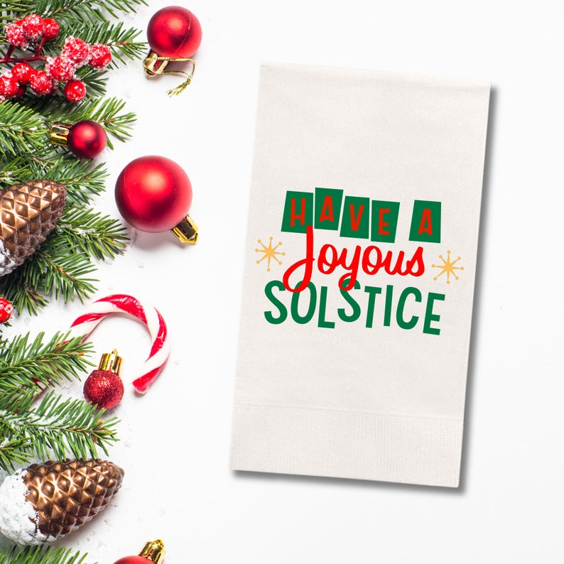 Custom Christmas Napkins, Have A Joyous Solstice Green, Red, White Paper Dinner Napkins