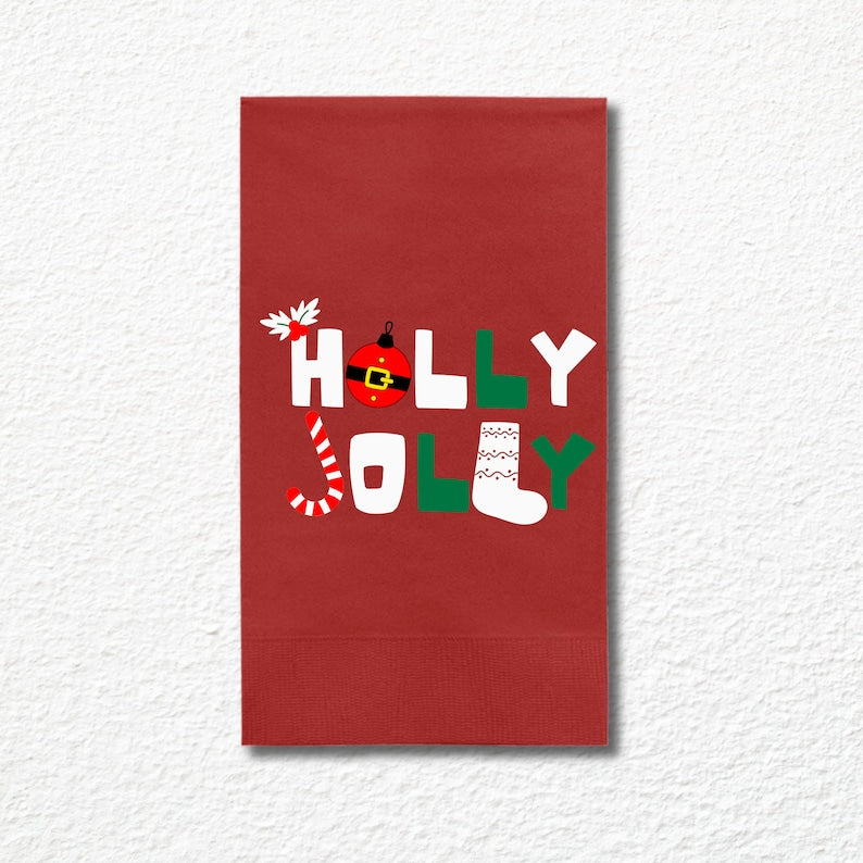 Custom Christmas Napkins, Holly Jolly Green, Red, Green & White Paper Dinner Napkin