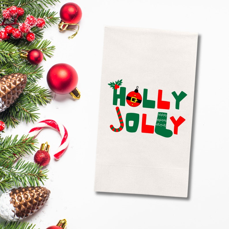 Custom Christmas Napkins, Holly Jolly Green, Red, Green & White Paper Dinner Napkin