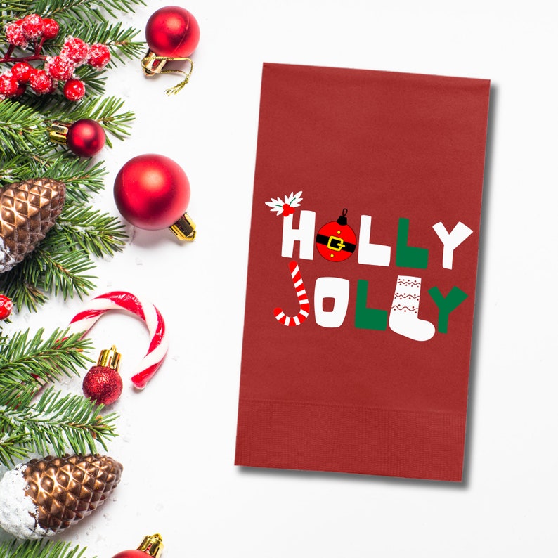 Custom Christmas Napkins, Holly Jolly Green, Red, Green & White Paper Dinner Napkin