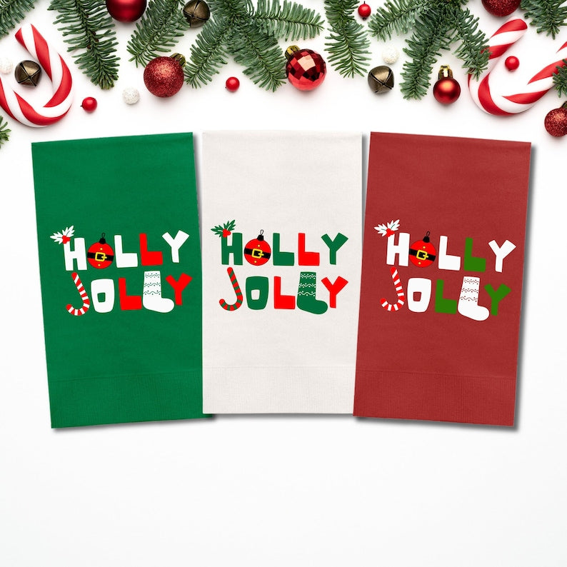 Custom Christmas Napkins, Holly Jolly Green, Red, Green & White Paper Dinner Napkin