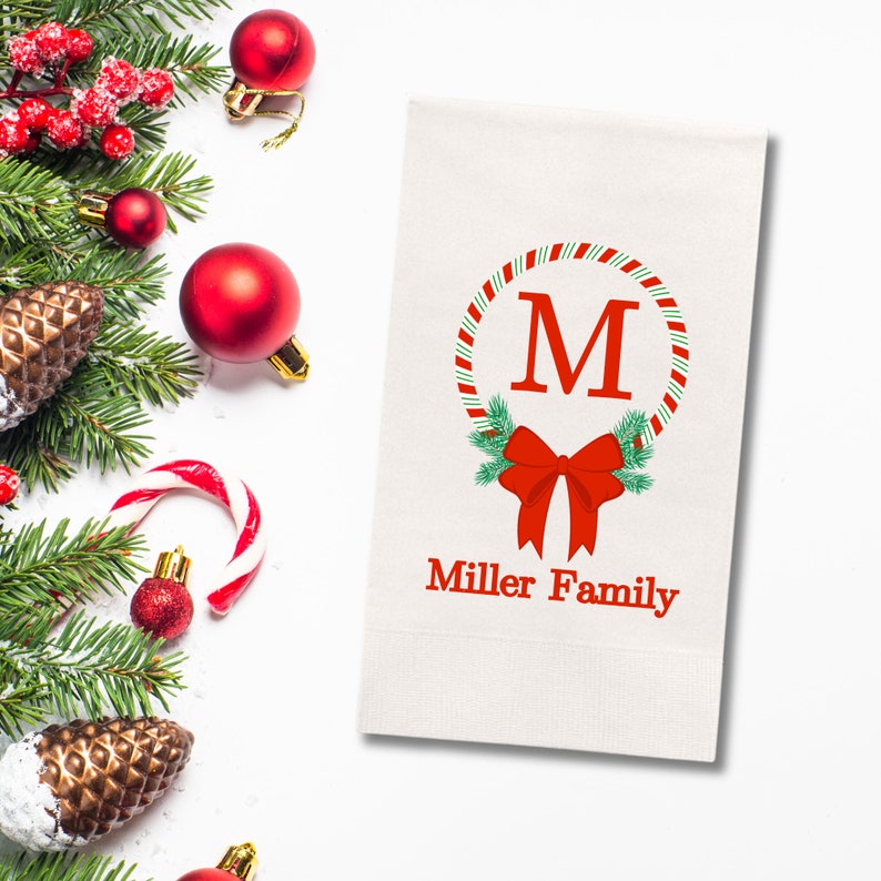 Custom Christmas Napkins, Monogram Christmas Green, Red, White Paper Dinner Napkin
