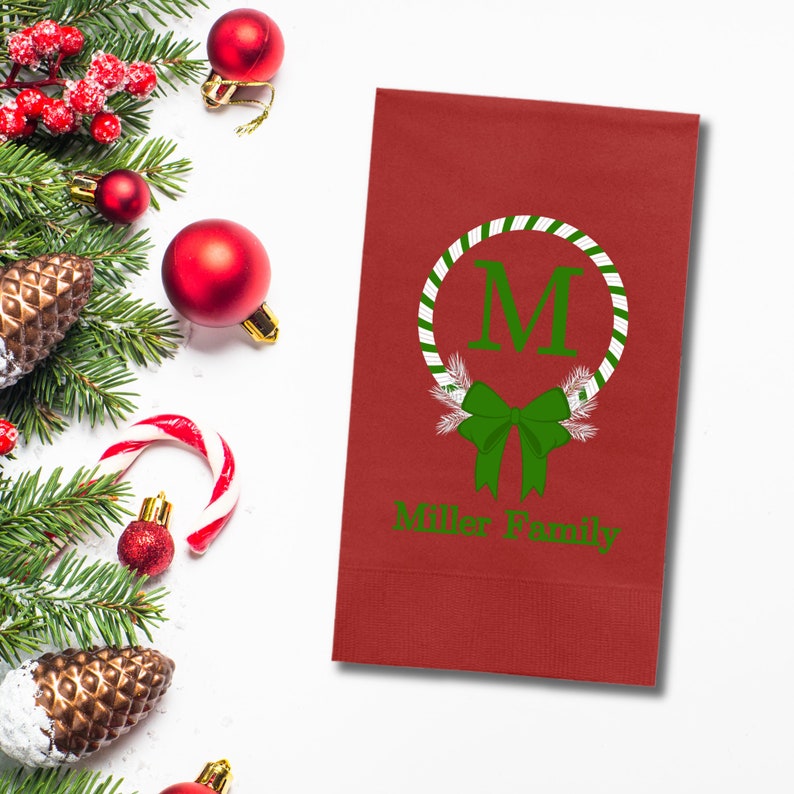 Custom Christmas Napkins, Monogram Christmas Green, Red, White Paper Dinner Napkin