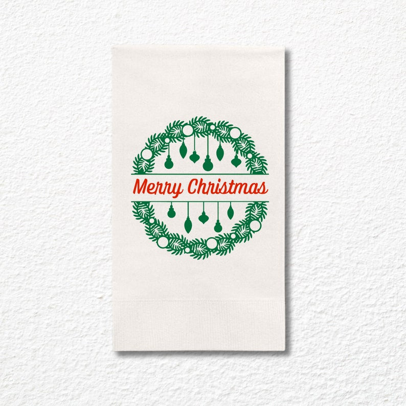 Christmas Napkins, Merry Christmas Lantern Green, Red and White Paper Dinner Napkins