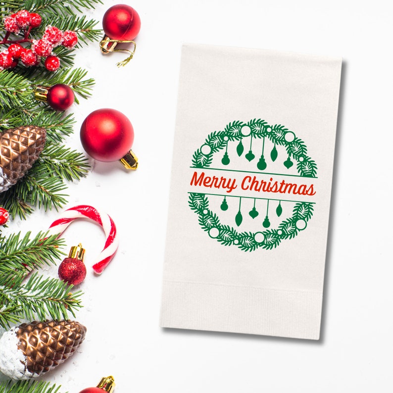 Christmas Napkins, Merry Christmas Lantern Green, Red and White Paper Dinner Napkins