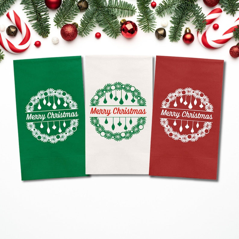 Christmas Napkins, Merry Christmas Lantern Green, Red and White Paper Dinner Napkins