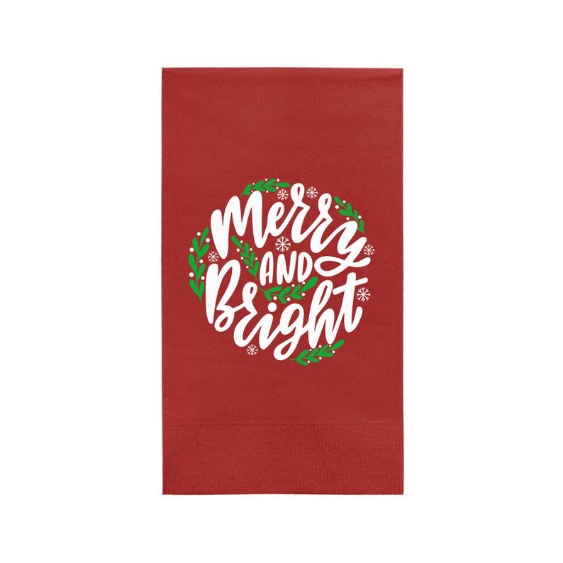 Custom Christmas Napkins, Merry And Bright, Green and Red Paper Dinner Napkins