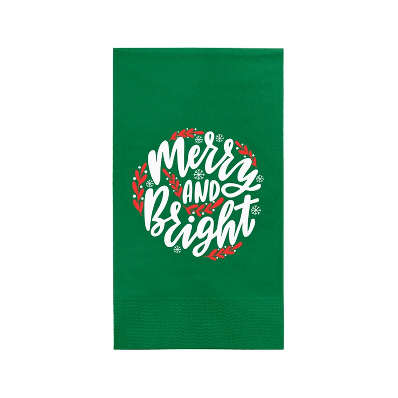 Custom Christmas Napkins, Merry And Bright, Green and Red Paper Dinner Napkins
