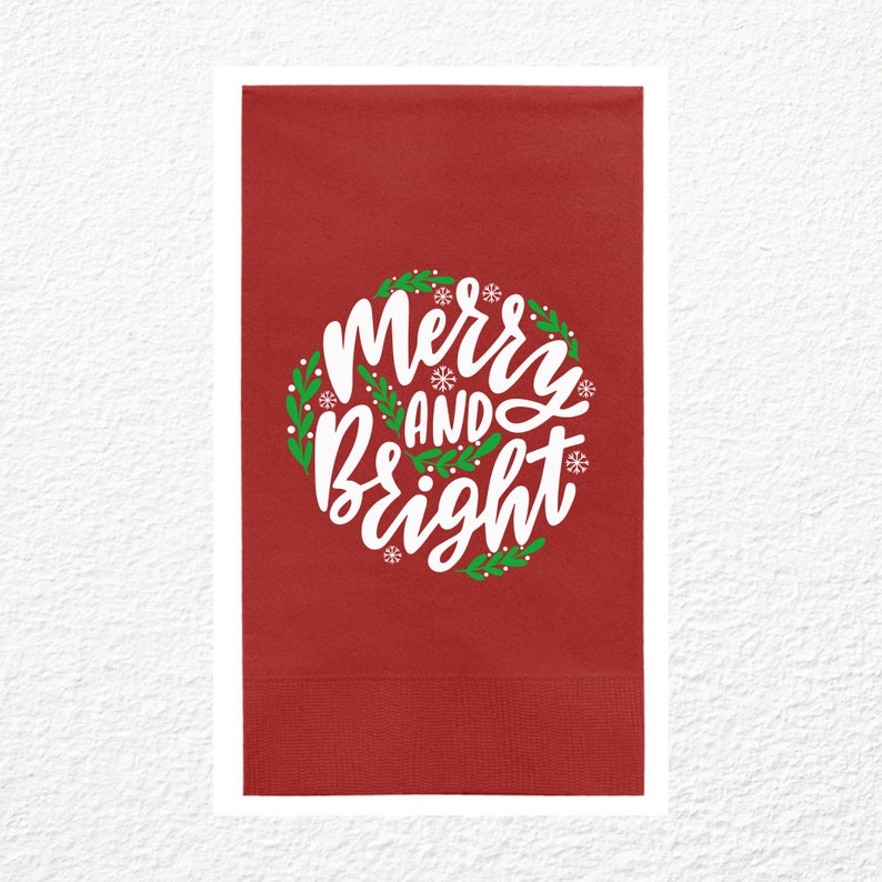 Custom Christmas Napkins, Merry And Bright, Green and Red Paper Dinner Napkins