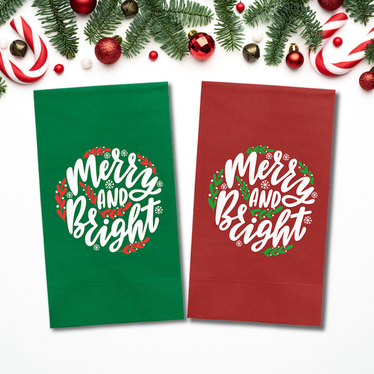 Custom Christmas Napkins, Merry And Bright, Green and Red Paper Dinner Napkins